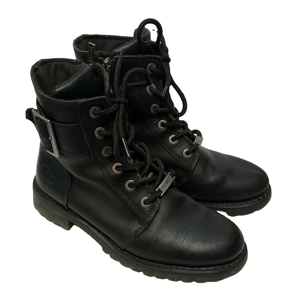 Harley Davidson 8.5 Womens Black Lace Up Ankle Boots Zip Buckle Biker Combat VTG